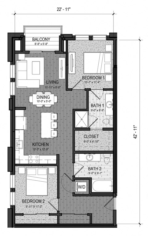 Floor plan for 2 beds, 2 baths, 957 sqft
